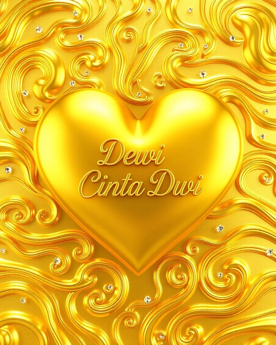 Create an image featuring a render 3D golden heart with the inscription Dewi Cinta Dwi " in the center. The heart should be set against a background of swirling golden patterns that resemble molten gold. Intersperse small, sparkling diamonds within the swirls to add a touch of elegance and luxury.