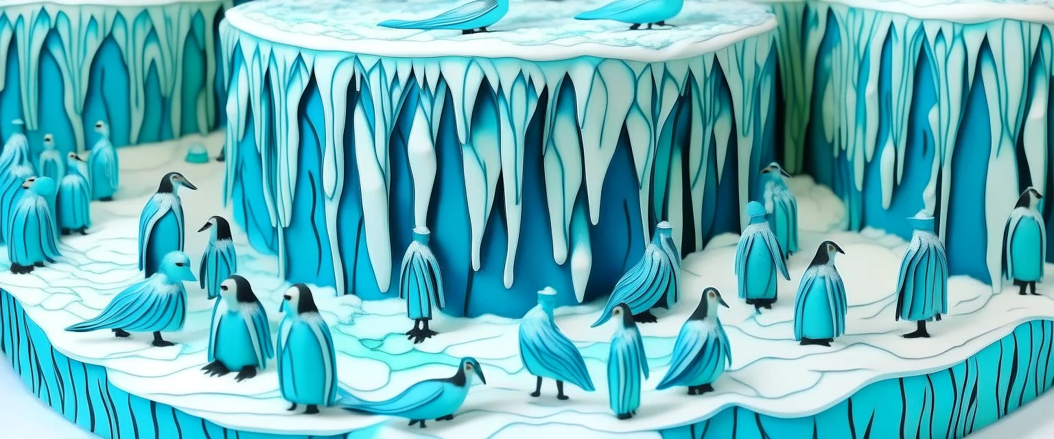 A cyan winter glacier filled with penguins designed in German folk art