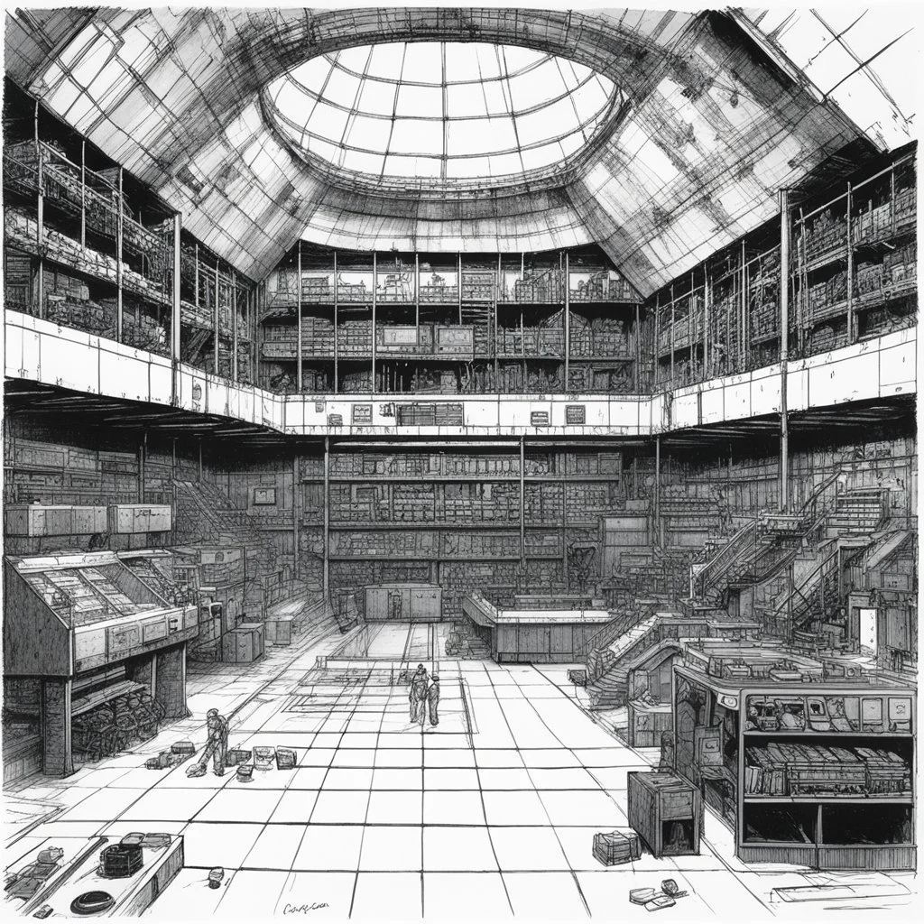 illustration by underground comix artist, Brion Gysin of: Access to Planetary Guard facilities is rarely granted to civilian surveyors, making this glimpse of the fortress armoury particularly valuable for the record. The maintenance bay shown here represents typical military-grade equipment storage and servicing — dense racks of weaponry and tactical gear lining curved walls, diagnostic stations, and the controlled environmental systems necessary for keeping sensitive equipment operational acro