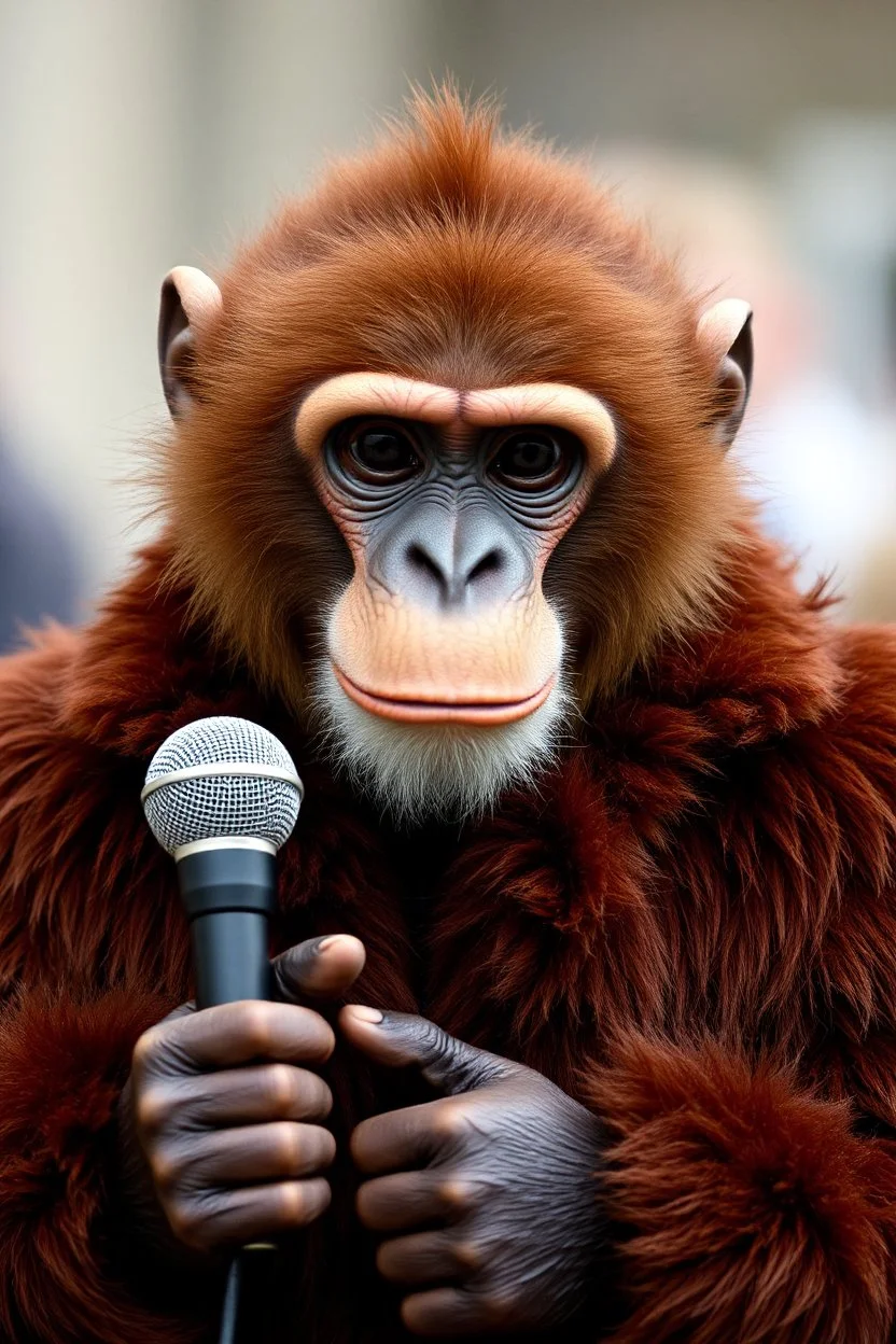 A monkey humanoid, dressed brown fur coat, holding a microphone