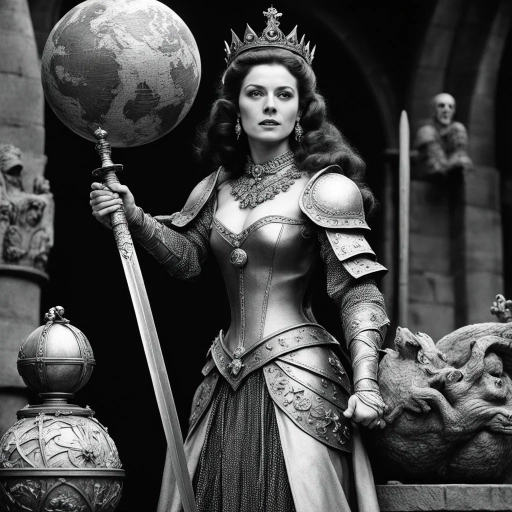 [bloody high res photo by Ray Harryhausen] she is a medieval queen holding her splendid sword and a globe: the sign of her power. High level of detail, he flesh is soft