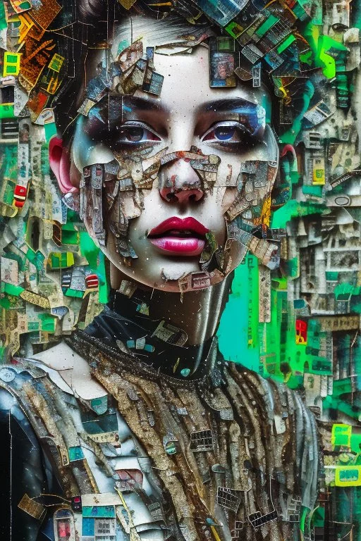 Ultra detailed medium portrait painting of anxiety , torn up collage of clippings, broken circuitry background, matrix effects, punk visual art, punk art aesthetic, graffiti art, pop surrealism, collage art, cluttered paint glitches