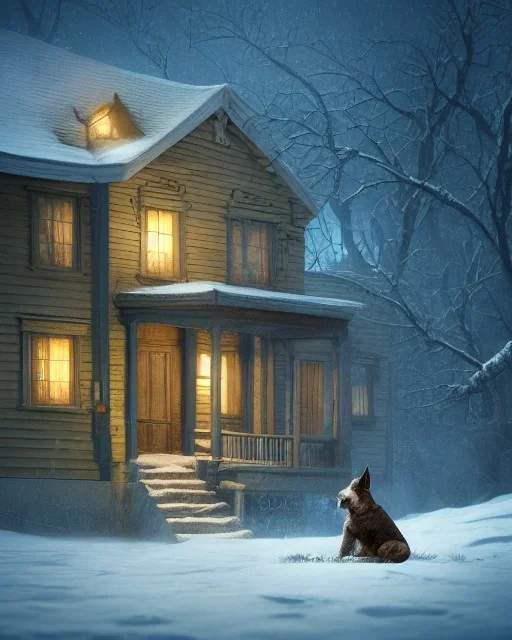 sad, scared, lonely dog lying down in front of house, winter, 8k resolution, high-quality, fine-detail, intricate, digital art, detailed matte, volumetric lighting, illustration, 3D octane render, brian froud, howard lyon, selina french, anna dittmann, annie stokes, lisa parker, greg rutowski