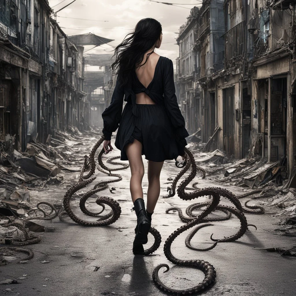 a woman with dark hair walking on octopus legs, down a derelict street