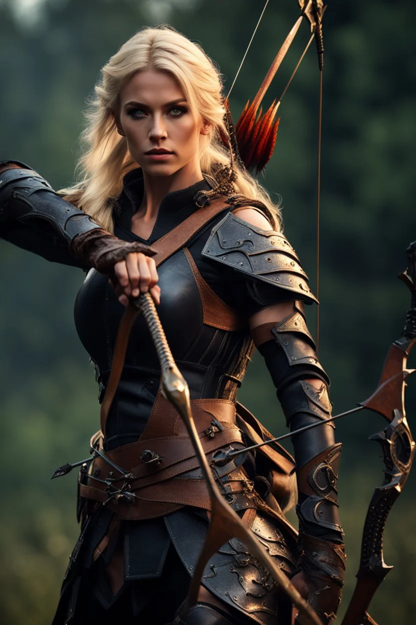 blonde female hunter with a bow and arrow wearing leather half armour dark fantasy Realistic 4k