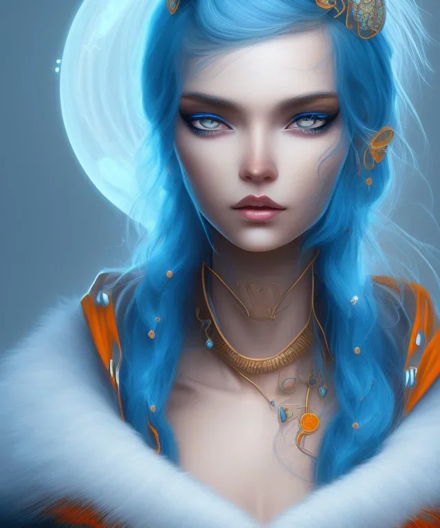 human kingfisher girl with blue hair and orange strand of hair wearing a blue winter coat