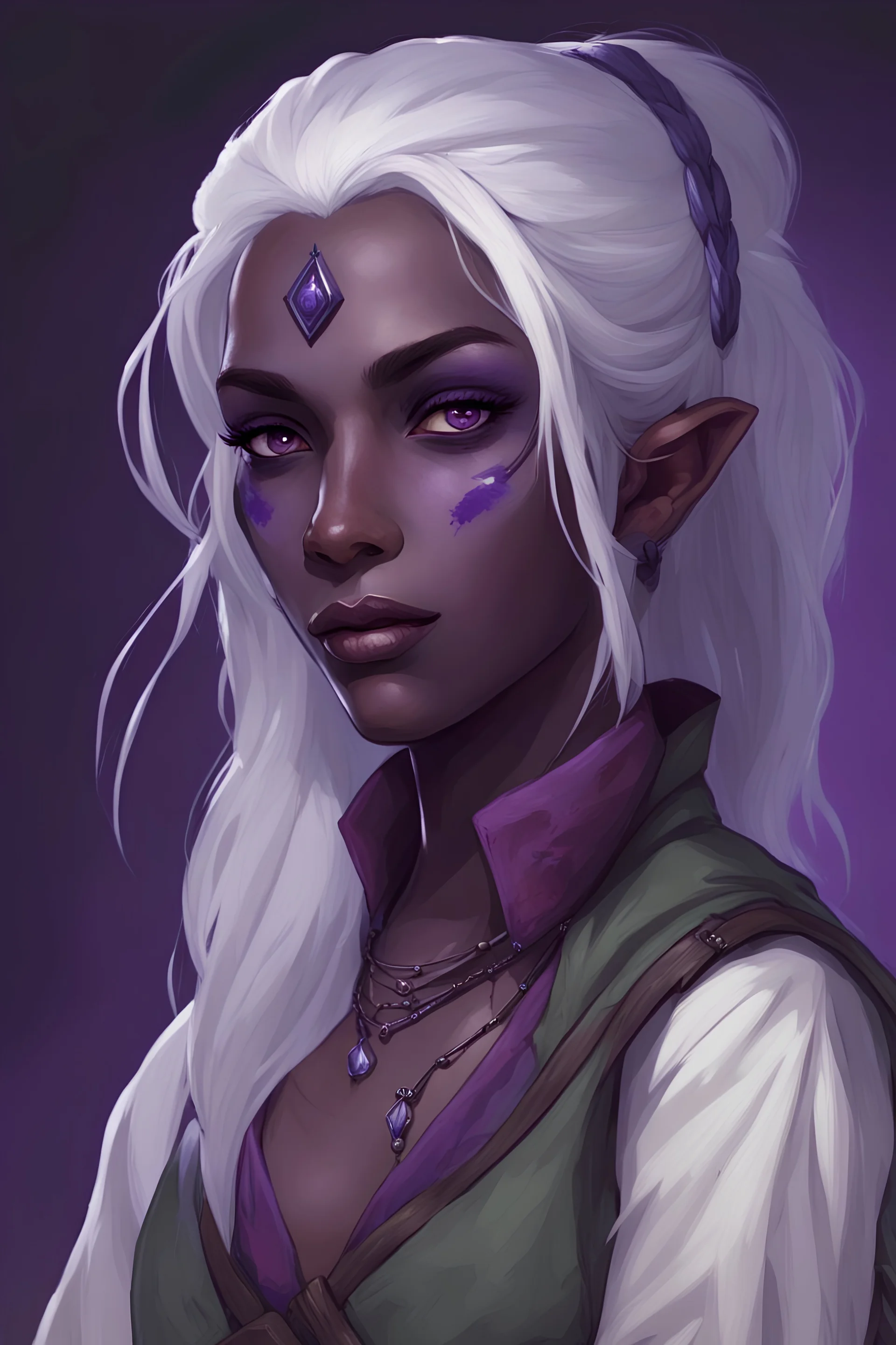 a realistc female drow rogue from Dungeons and Dragons wearing peasants clothes. She has dark purple skin, purple eyes, white hair, and looks to be in her early twenties. Her forehead is clear. She is not wearing any facial jewelry. There are no jewelry or gems on her face. There are no markings on her face. She has nothing on her forehead, she has no makeup around her eyes.