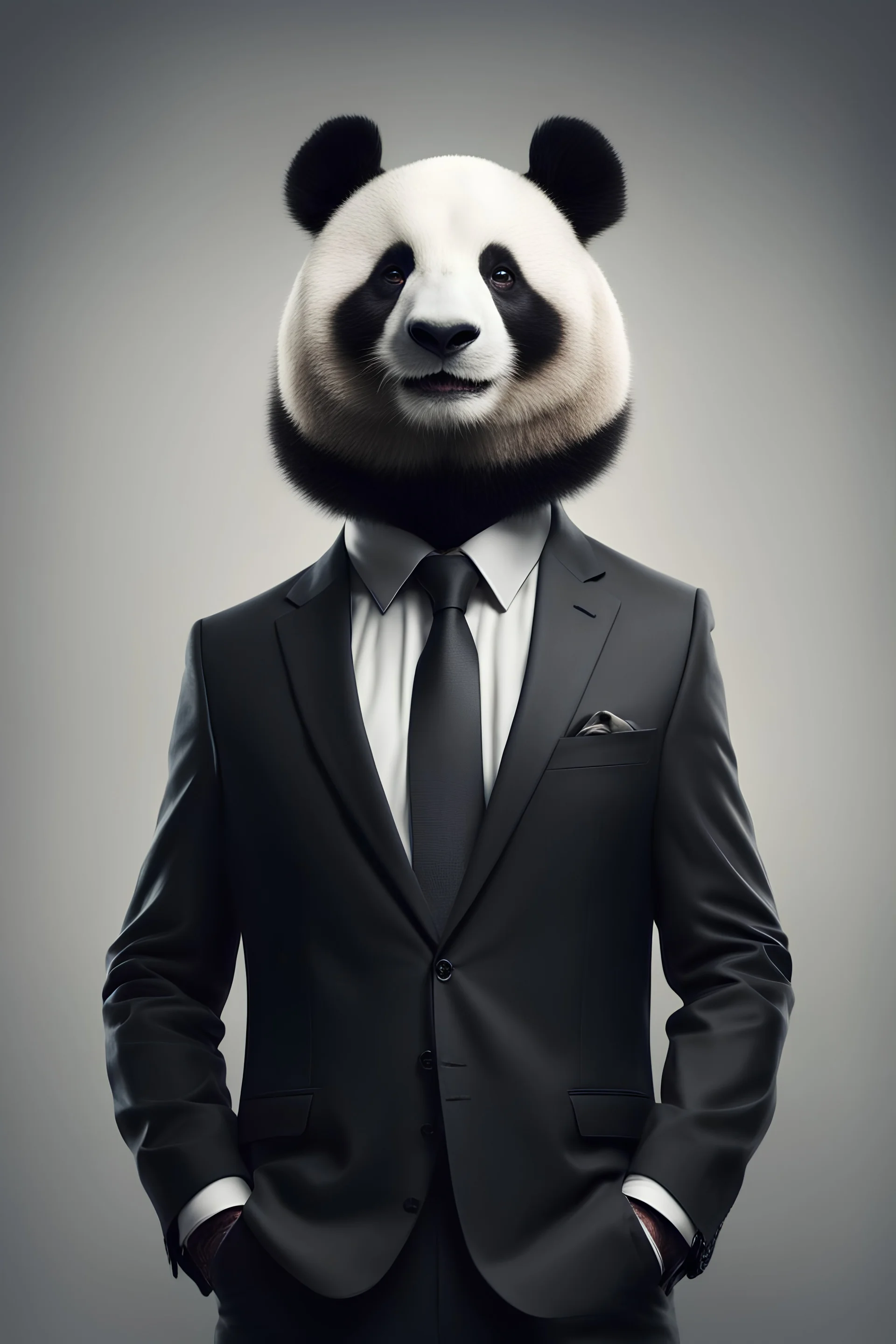 Panda dressed in a classy dark suit, standing as a confident leader and a powerful businessman. Fashion portrait of an anthropomorphic animal posing with a charismatic human attitude