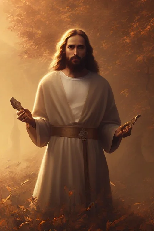 Jesus portrait at dawn by atey ghailan, holding cross in hands, golden light , white robe, holding cross, angels background, volumetric light, high detail, red leaf tree, mountains in background, perfect