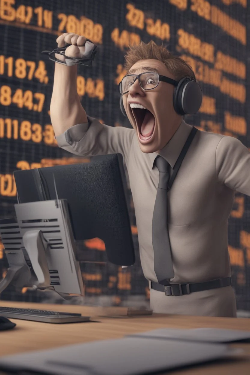 A 3d animated guy screaming with joy Infront of his PC as the stock market climbes, 8k, highly detailed