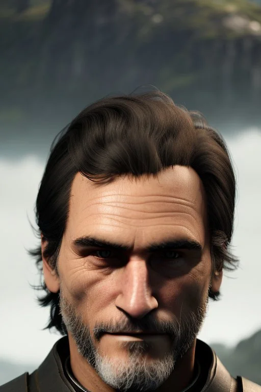 A portrait of Joaquin Phoenix in his early 30s, long beachy haircut, black hair, on a rocky island, in ebony armor from Skyrim, melancholic and dangerous facial expression, half-smiling