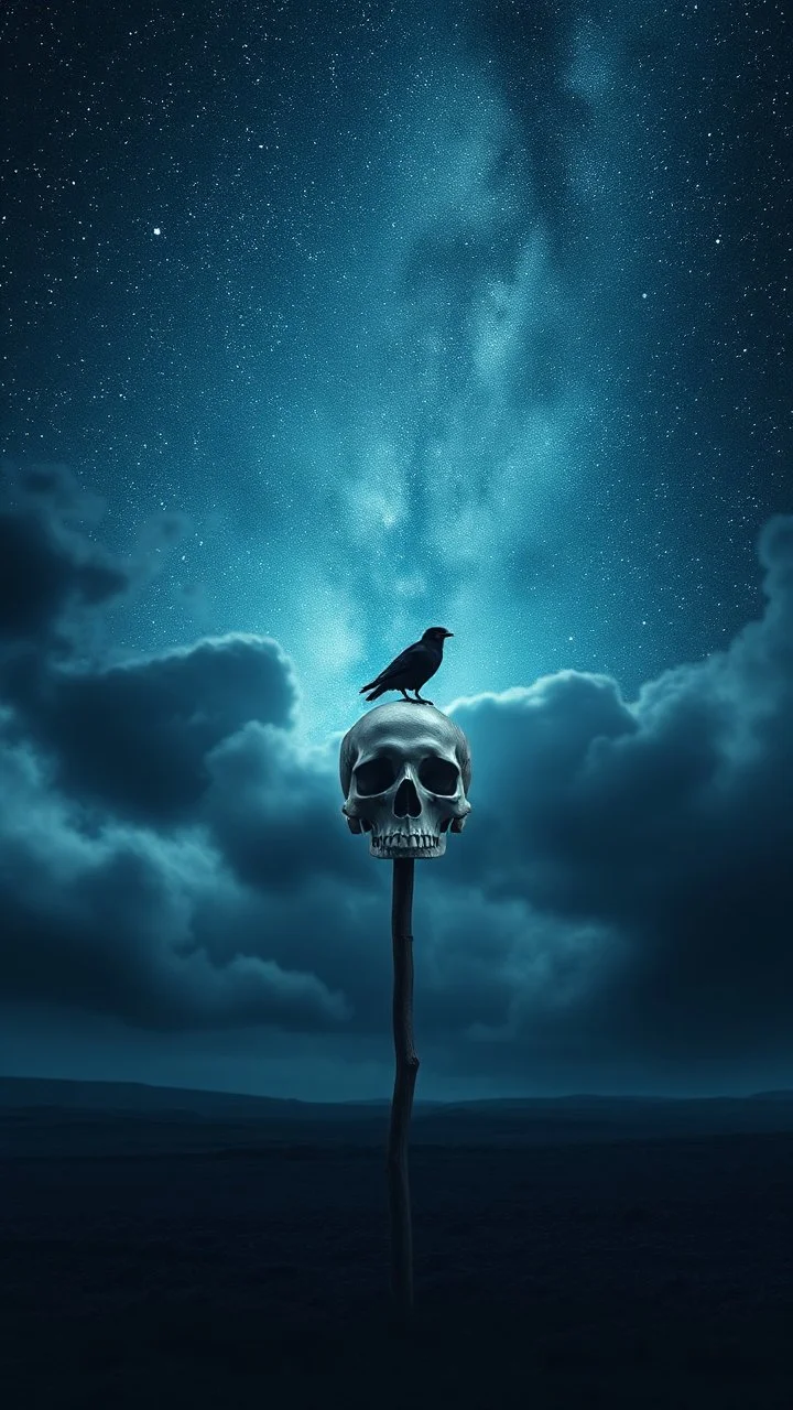 stars in the background and out of this world galaxy in a blue and gray cloud of stormy weather a thick stick fixed on the ground with skull put on the top of it , ultra hi quality picture with cinematic science, tragedy, a small black bird far in the horizon