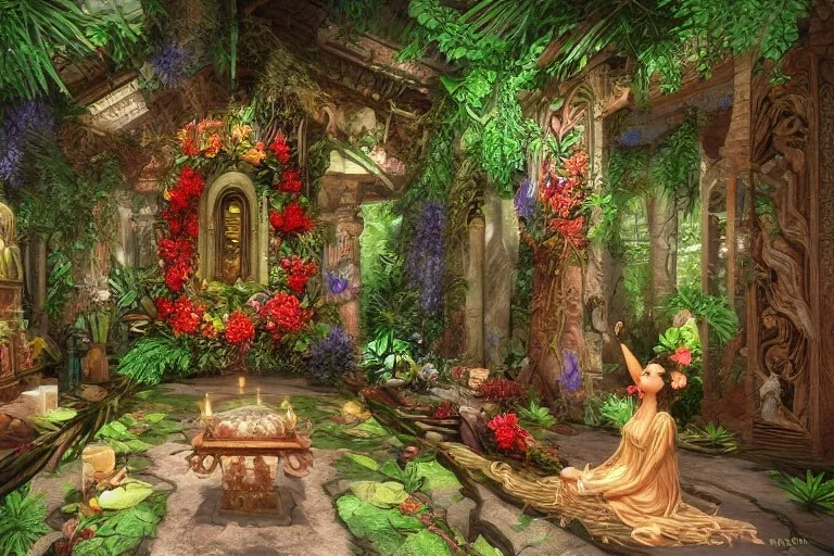 Lilith, Goddess, tropical flowers, heart chamber, crystals, tropical leaves, sacred altar, old temple. Fantasy house.