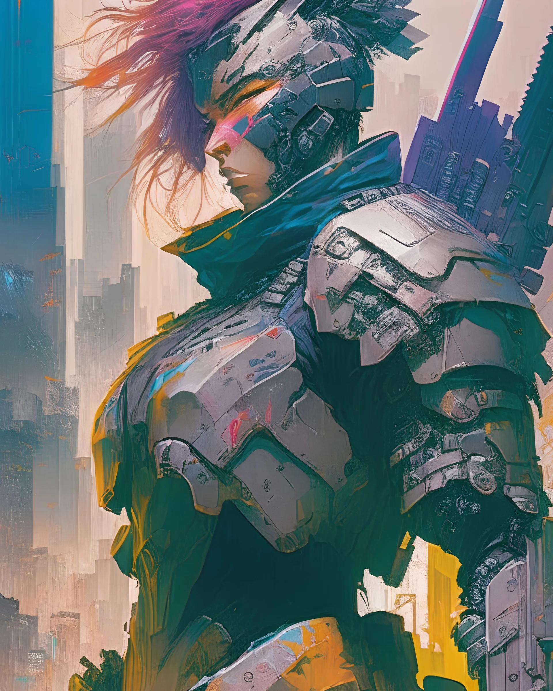 A stunning portrait of a futuristic warrior, clad in advanced armor and wielding cutting-edge weaponry, set against a backdrop of a dystopian cityscape, in the style of concept art, vivid colors, dynamic composition, and meticulous attention to detail, influenced by the works of Yoji Shinkawa and Hideo Kojima, exploring themes of survival, resilience, and heroism in a challenging world.