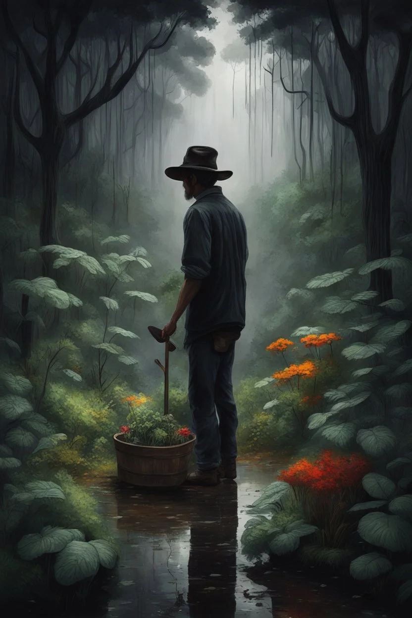 dark and tranquil bosque with much flora and rain , a man with a hat is gardening