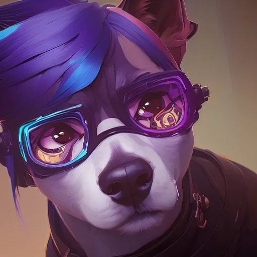 A beautiful portrait of a cute cyberpunk dog by sandra chevrier and, greg rutkowski and wlop, purple blue color scheme, high key lighting, volumetric light, digital art, highly detailed, fine detail, intricate, ornate, complex, octane render, unreal engine, photorealistic