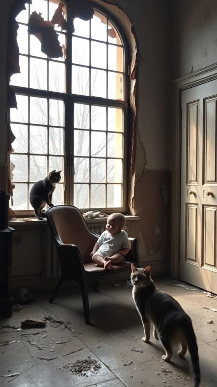 A baby sitting on chair in front of a big window in an abandoned damaged room , a cat out side the widow looking at him