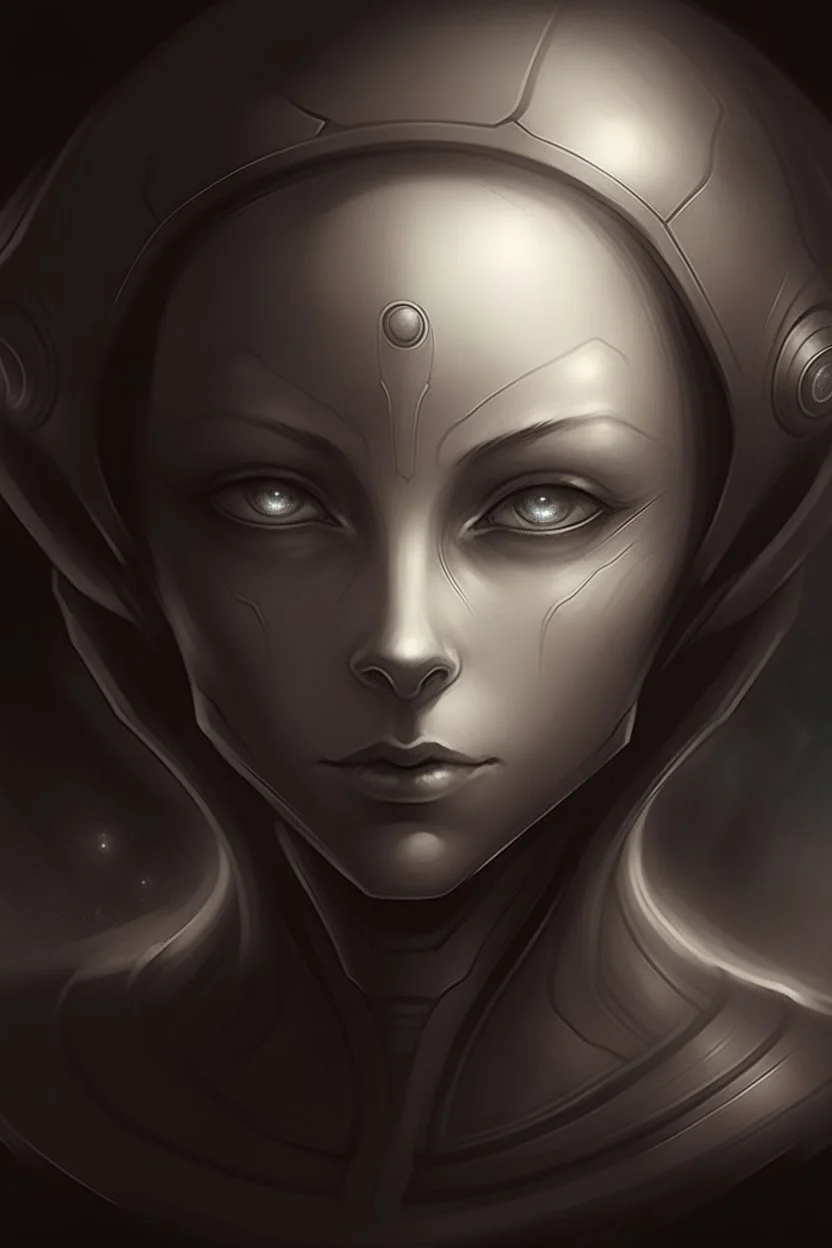 Matte finish, Concept art, Hyper Realistic Sketch, Art style of Anna Nikonova, Minimalist masterpiece, Extraterrestial cosmic being, Dark outlines, Eyes in Sharp Focus, Matte tones, Portrait, Sharp, Background out of focus, Sepia Tones or Grayscale