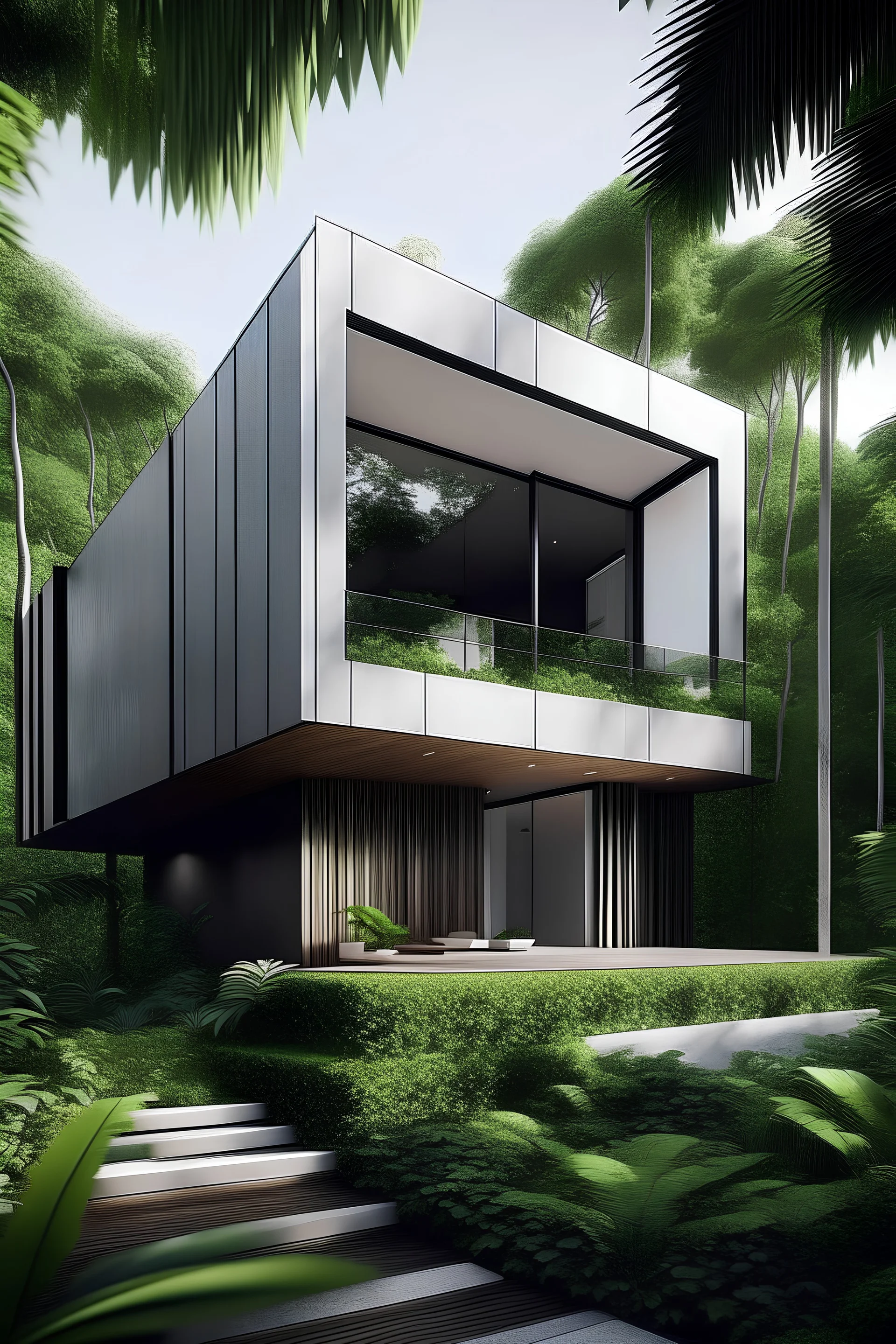 FACADE OF A MODERN MINIMALIST STYLE HOUSE IN THE JUNGLE