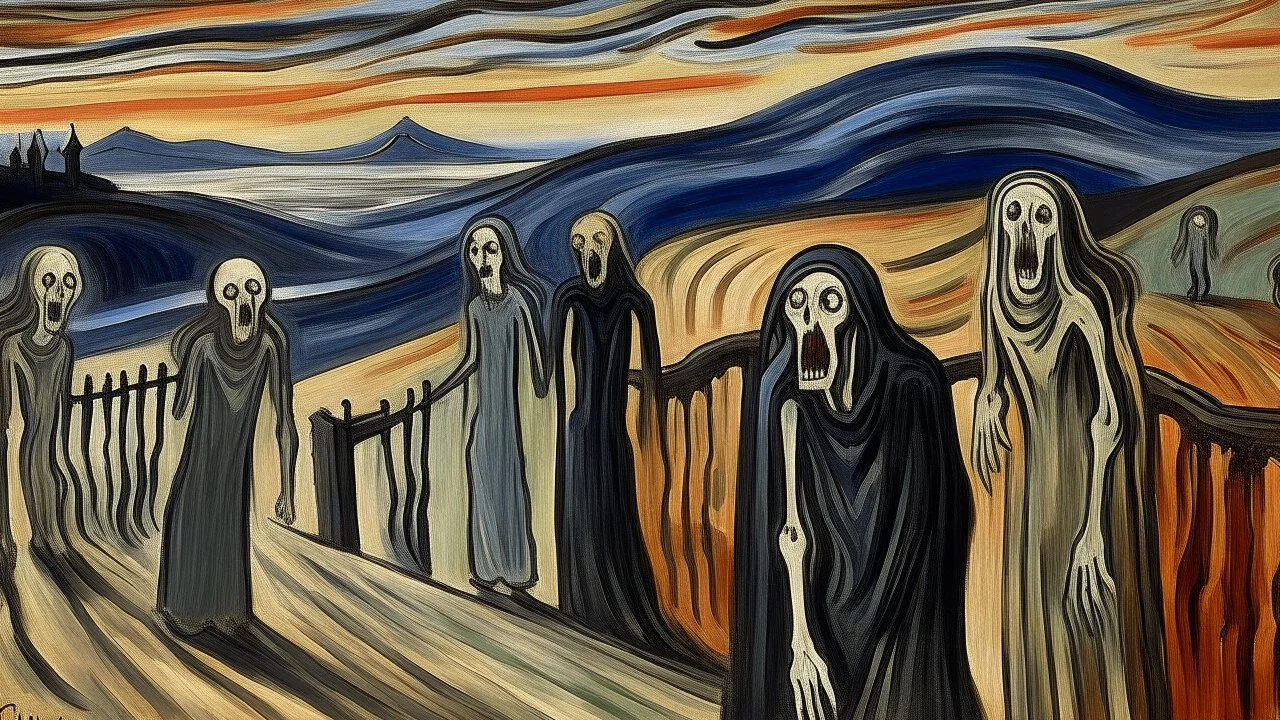 A graveyard filled with screaming ghosts painted by Edvard Munch