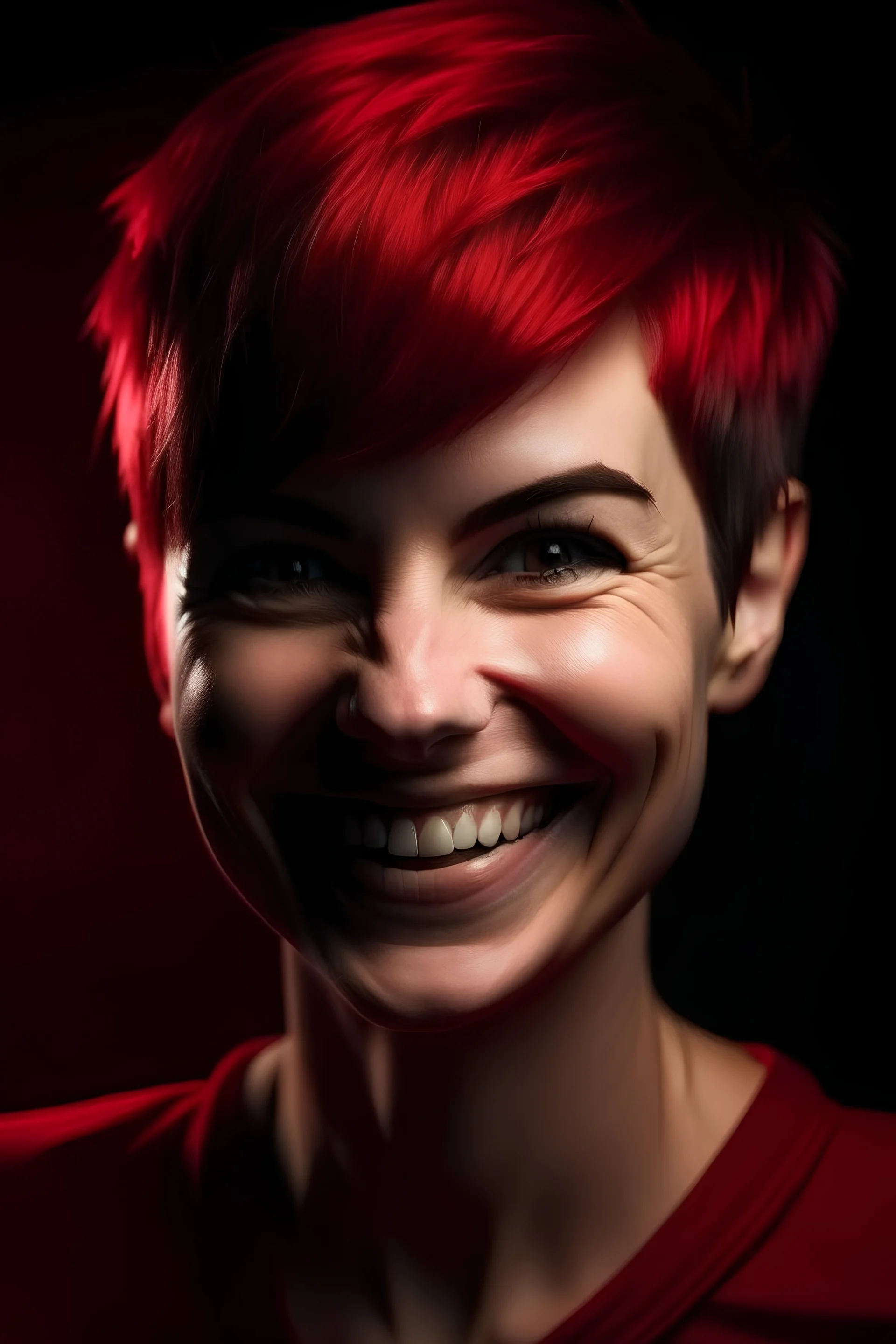 strong powerful woman with short hair a psycho smile and a red theme