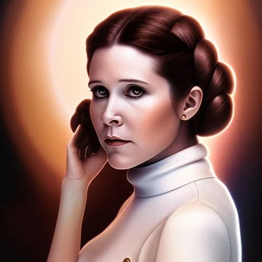 extremely detailed 8k hyperspace wallpaper,complete and photo realistic detailed head to waist stunning photo realistic portrait of carrie fisher as Princess Leia in star wars with Symmetrical, soft, fine, warm, photo realistic hair, brown eyes, professional majestic photo realistic painting by Ed Blinkey, Atey Ghailan, by Jeremy Mann, Greg Manchess, Antonio Moro, trending on ArtStation, Intricate, High Detail, Sharp focus, dramatic, by greg rutkowski,