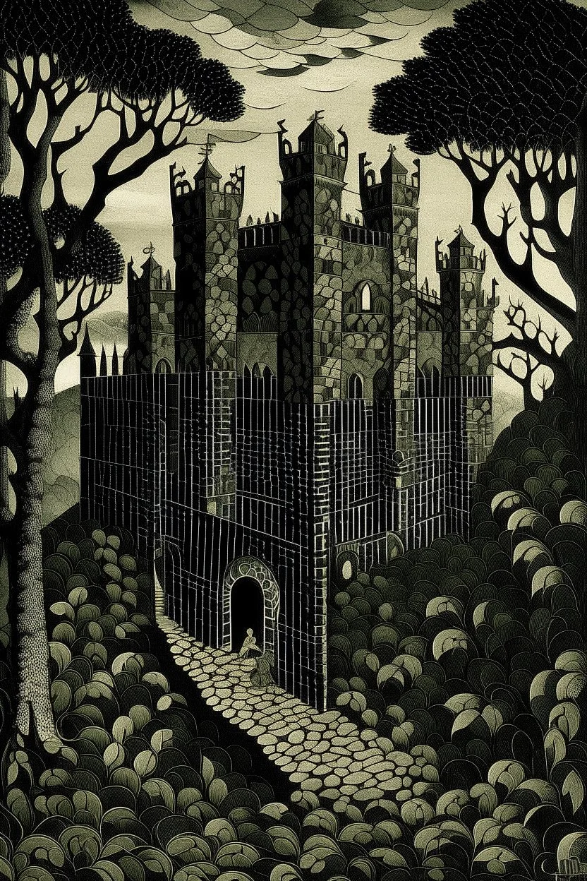 A black castle made out of steel in a chaotic shadow realm designed in ancient Greek mosaics painted by Henri Rousseau