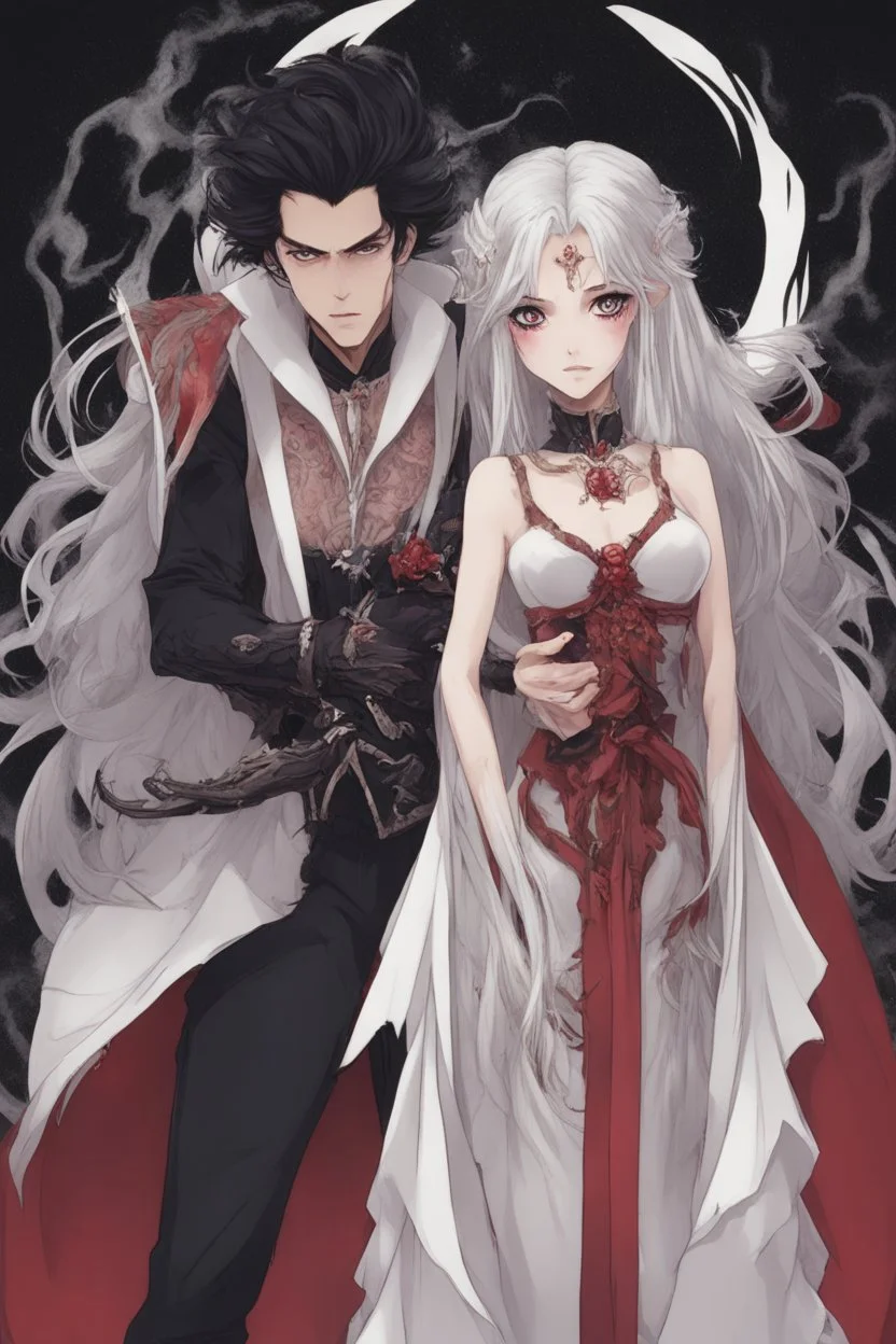 Vampire queen with white hair, with her king who has long black hair