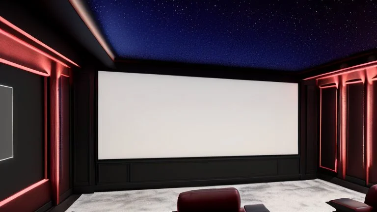 Generate an image of a sleek home cinema with a star-lined ceiling