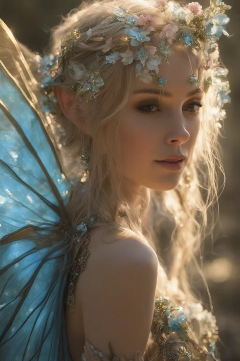 Pointed elven ears,Blonde hair ,Pink dress,Sparkling fairy wings,Very long golden hair,Fairy crown,pointed ears,elven ears,fairy wings,water lilies,sparkling,glittering,flowers,blossoms,golden crown,light pink dress