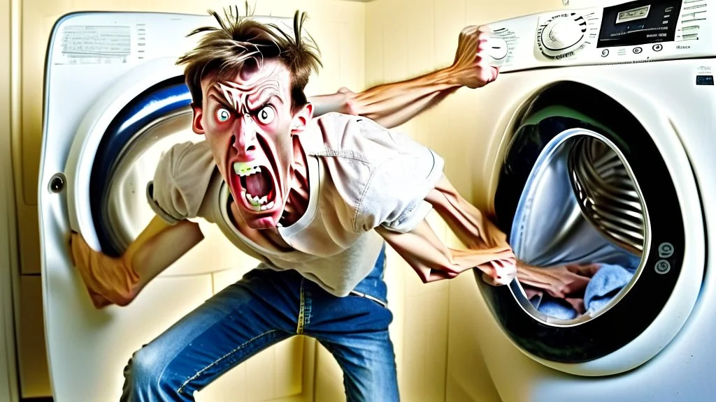 very skinny and lanky young man angry and can't lift damaged washer and dryer