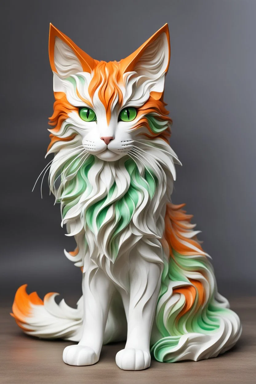 Sculpture of a beautiful cat with long, wavy, thick hair, pointed ears, bright green eyes, orange, black and white colors, ultra quality, (((full body))), sitting on the floor