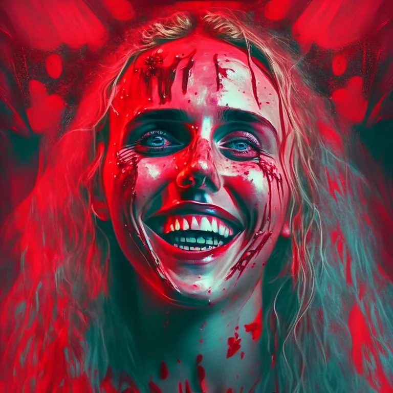 smiling Singer Danish MØ face, blood, guts, wildflower, cosmic, futuristic, iridescent, intricate, darkred tones,