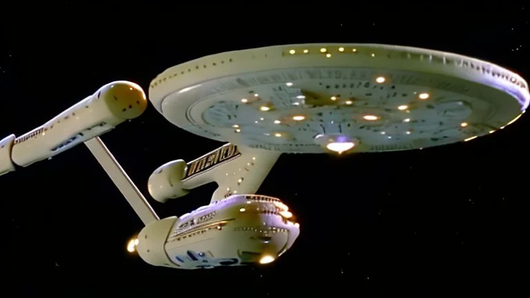 a screen capture from a star trek movie of a battle-damaged starship enterprise IN the year 2380 IS IN A BATTLE with monster ufos sci-fi meticulous, highly-polished, photorealistic, studio production, intricately detailed, GALACTIC, directed by gene Roddenberry, move saucer section forward and nacelles back