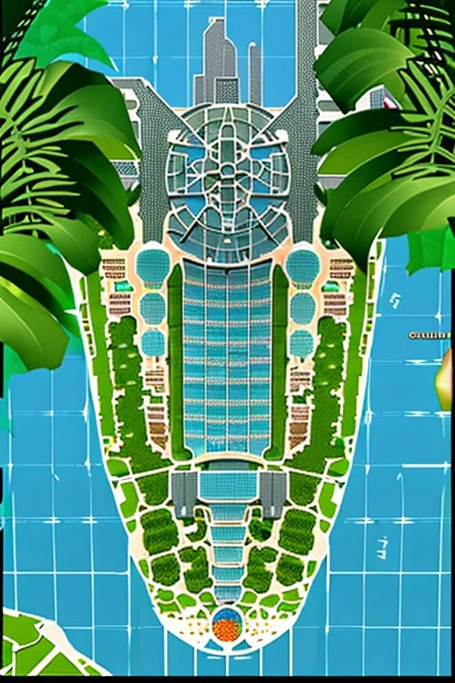 high detail map of an entire tropical dystopian small capital city