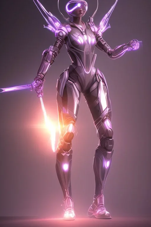 Full body, futuristic girl robot with 2 swords behind her back, night, glowing purple armor, fighting pose, jumping high, glowing goggles