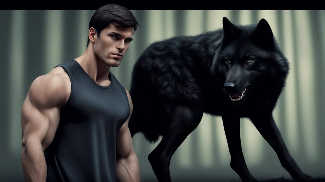 ultra realistic photograph of a muscular male with short dark hair and pale blue eyes wearing a loose black teeshirt facing a large black wolf