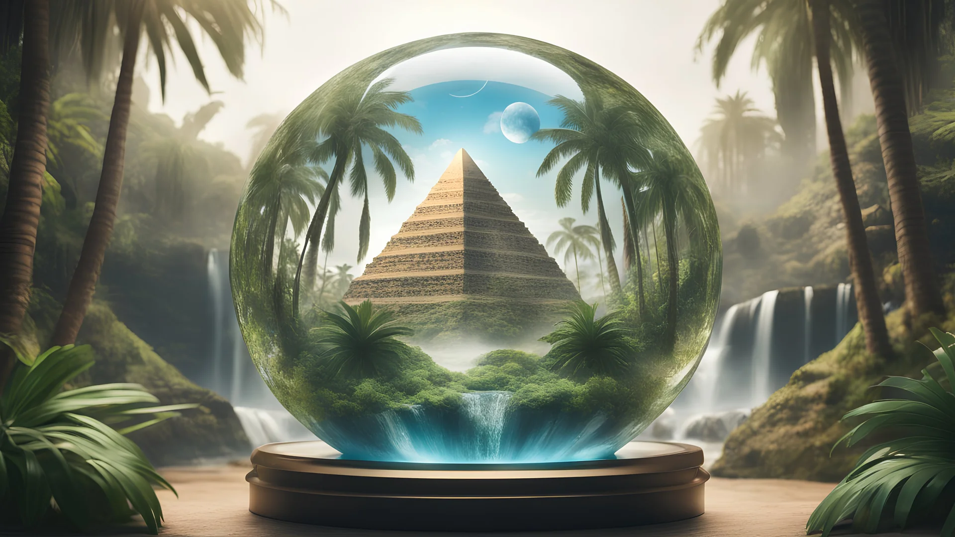 Glass globe encircled pyramid egypt jungle palms and waterfall, symbolizing nature, environment, sustainability, ESG, and climate change awareness, generative ai