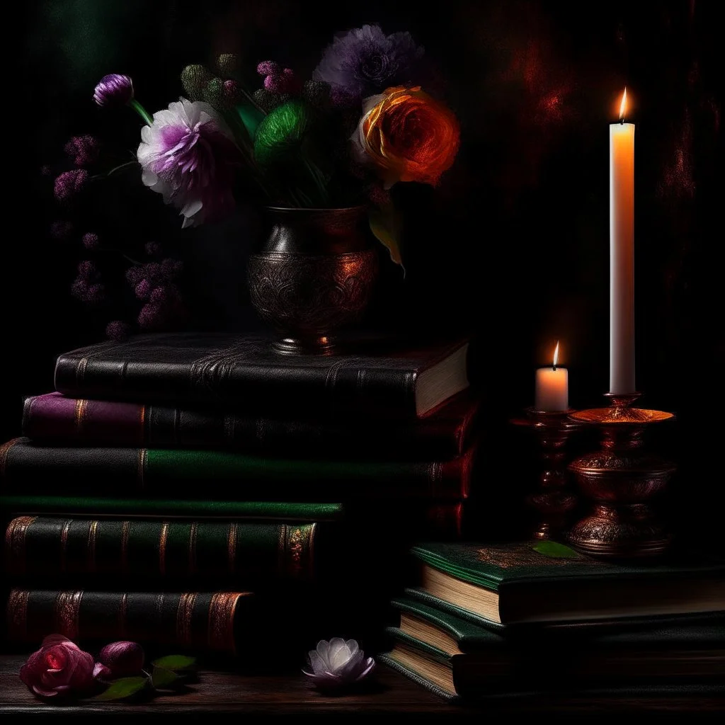 rave on books with flowers and lit candles dark moody art with browns green earthy tones, deep purples, hyper realistic maximalist concept art