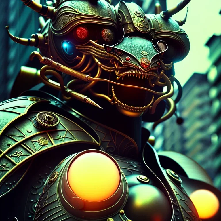 close-up of a insect face with samurai armor in a low-light japanese city street with laterns, realistic, steampunk, 3d-art, futuristic, minimal design, unreal engine, ray-tracing