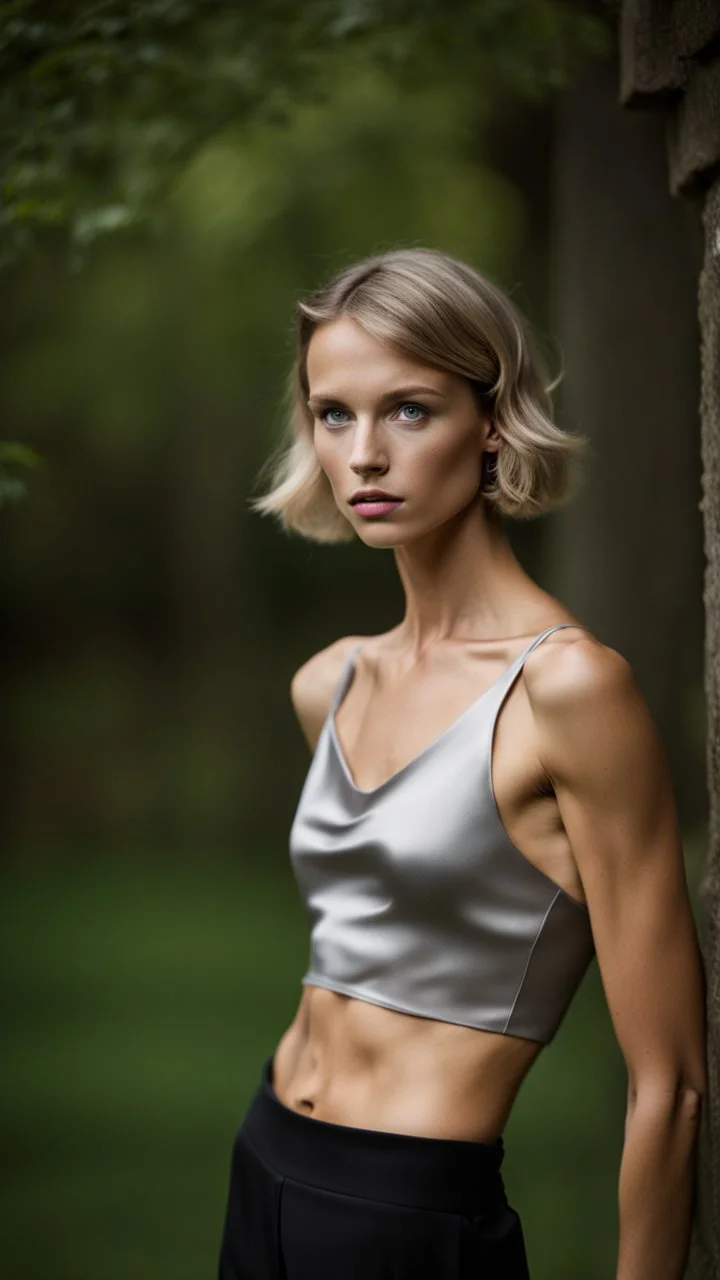 photography of a beautiful anorexic woman, silver satin top, sports illustrated, silver slip, short wavy bob haircut