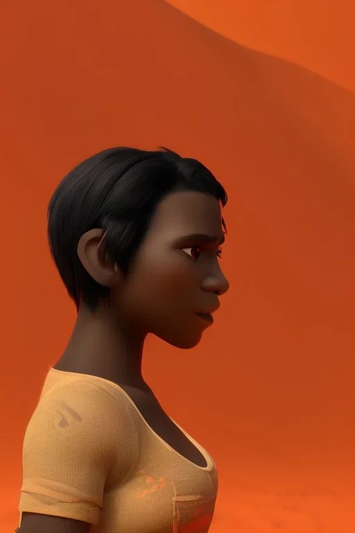 3D render of a cyberpunk tribal young black woman, black hair, ragged shirt, on a orange dune background, digital art