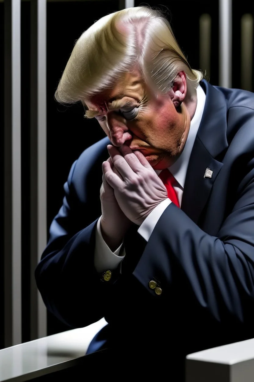 president donald trump angrily crying in a prison cell