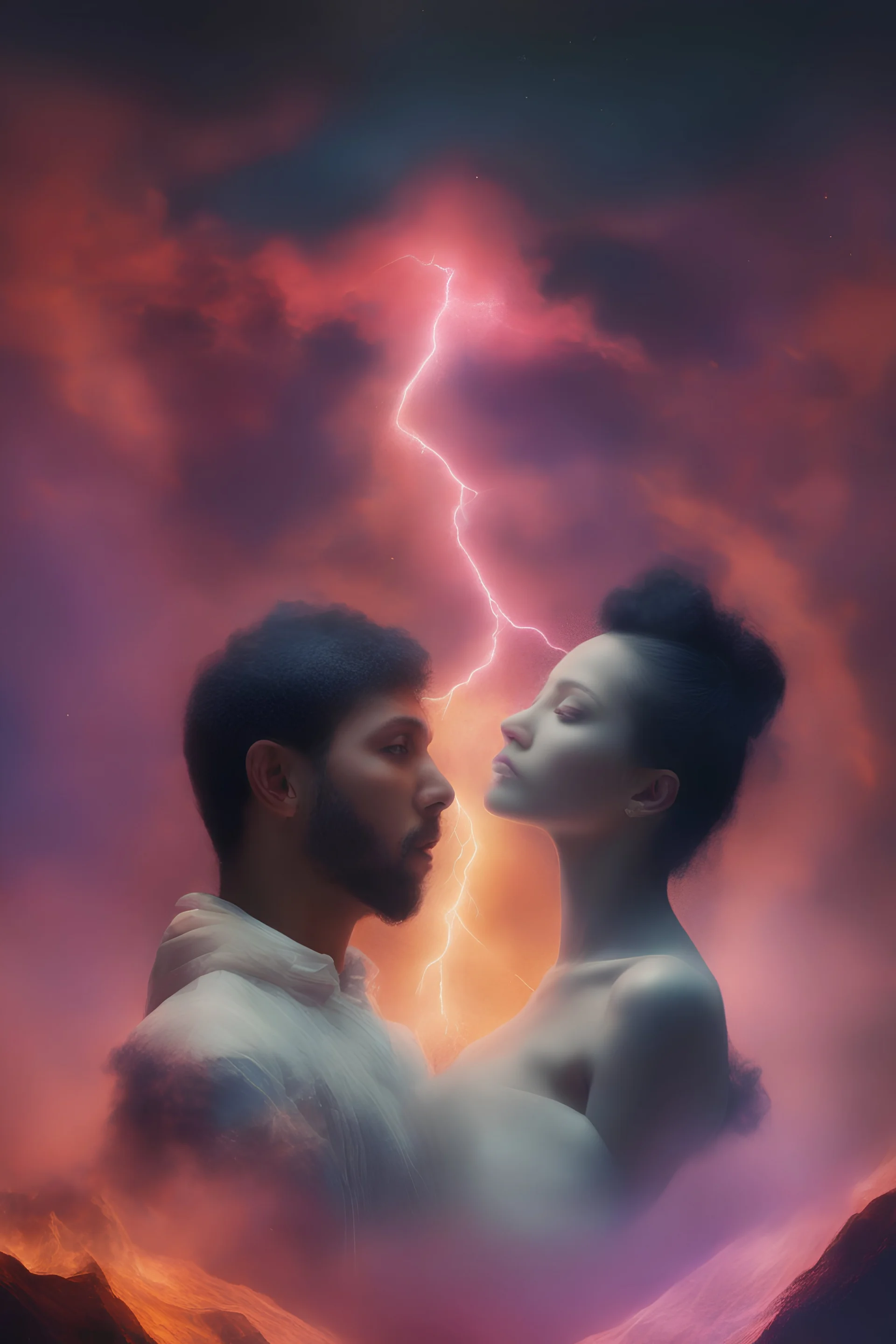 heart-shaped, electrifying, close-up, Head and shoulders portrait of Adam and Eve, double exposure shadow of the ghost, Invisible, poignant, extremely colorful, multicolored lightning, outer space, planets, stars, galaxies, fire, explosions, smoke, volcanic lava, craggy mountain peaks in the background, 32k UHD, 1080p, 1200ppi, 2000dpi, digital photograph, heterosexual love