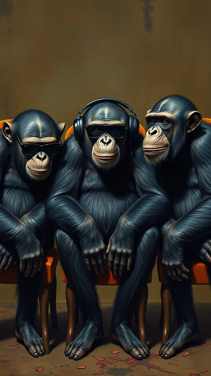 Bosch painting style nightmare, three chimpanzees sitting on chairs side by side , one is wearing sunglasses, another one has headphones , and another has a mouth mask.