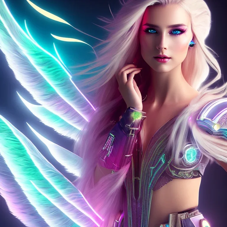 A beautiful portrait of a cute smiling cyberpunk woman with wings, long blond haire, high key lighting, volumetric light high details with white stripes and feathers and pink celtic paterns and luminous glasses in a starry background