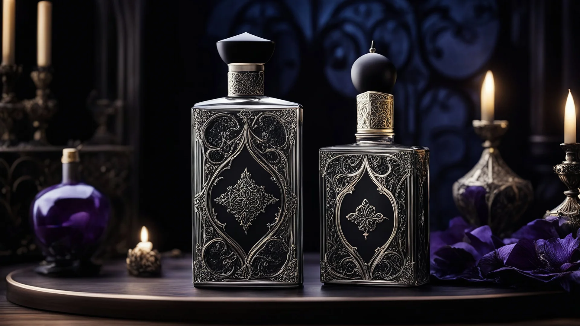 bottle of gothic perfume in gift box on table in gothic bedroom, night, 8k, high quality, trending art, trending on artstation, sharp focus, studio photo, intricate details, highly detailed, by tim burton