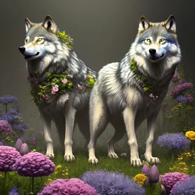 a wolf standing among flowers, sunlit, flickering light, stunning, beautiful, sharp, crisp, 8k resolution, centered, high-quality, ultrafine-detail, digital art, detailed matte, volumetric lighting, illustration, 3D octane render, brian froud, howard lyon, ben goossens, George Grie, alphonse mucha