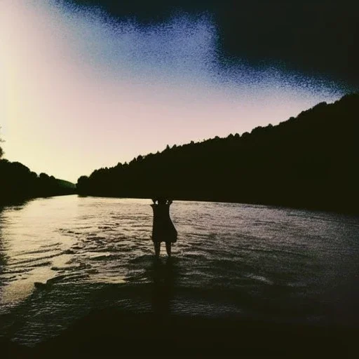 dark human shadow float in sky. scared people. river. river rock . valley . night