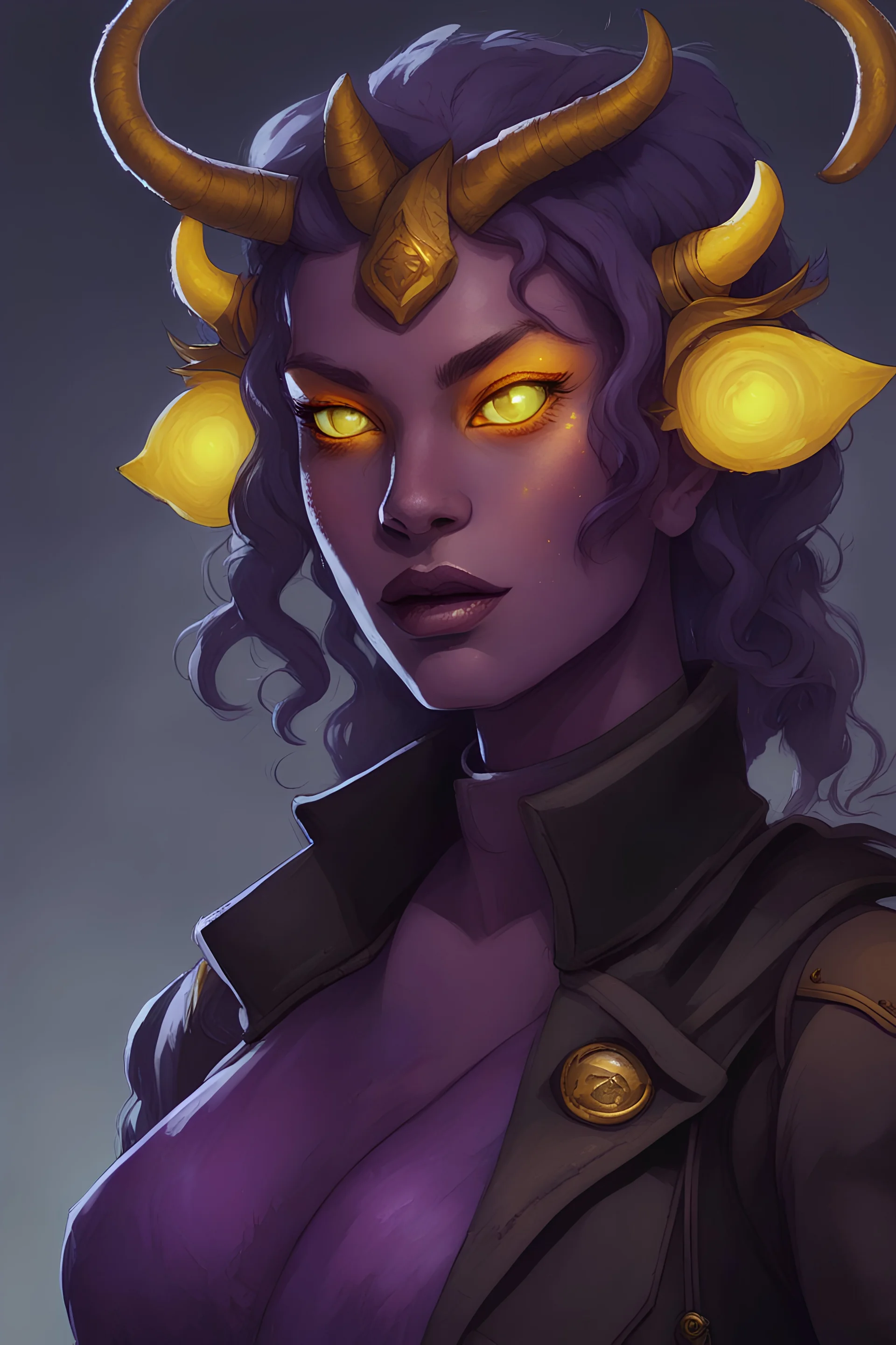 Purple-skinned female tiefling in milltary attire with glowing yellow eye